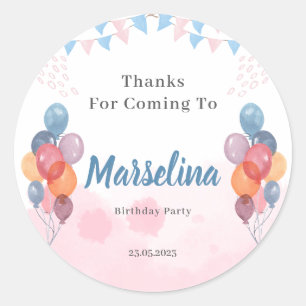 Watercolor Balloon girl birthday party thank you Classic Round Sticker