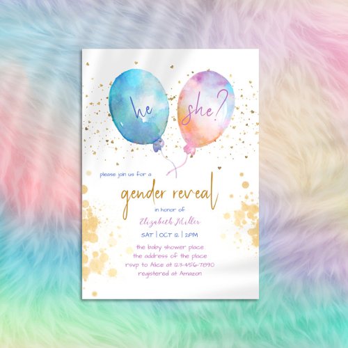 Watercolor Balloon Pink Blue Glitter Gender Reveal Invitation