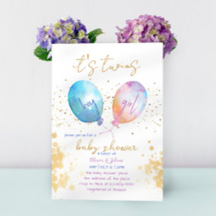 Watercolor Balloon Pink Blue Twin Baby Shower Invitation