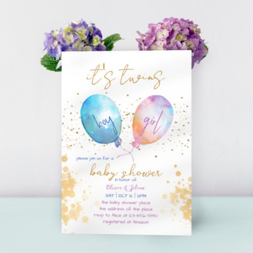 Watercolor Balloon Pink Blue Twin Baby Shower Invitation