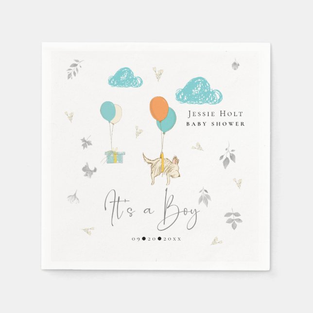 Watercolor Balloon Puppy Baby Boy Shower  Napkins (Front)