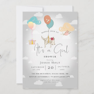 Watercolor Balloon Puppy Baby Girl Shower Invitation