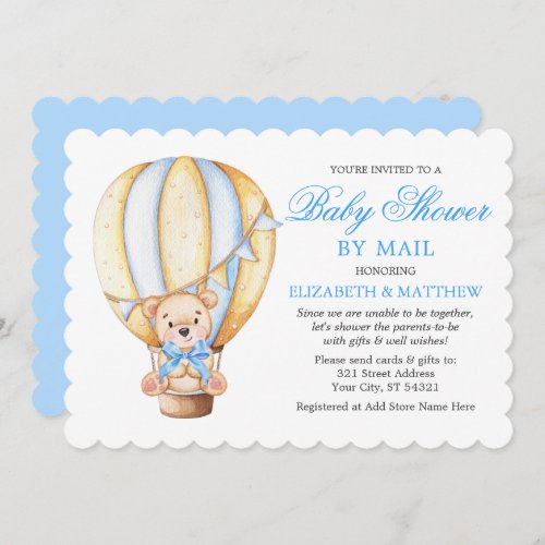 Watercolor Balloon Teddy Bear Blue Shower by Mail Invitation