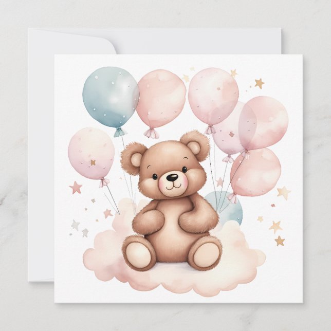Watercolor Balloon Teddy Bear Invitation (Front)