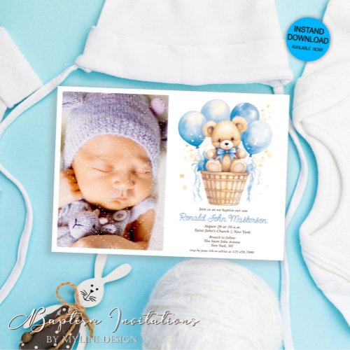  Watercolor Balloon Teddy Bear Photo Boy Baptism Invitation