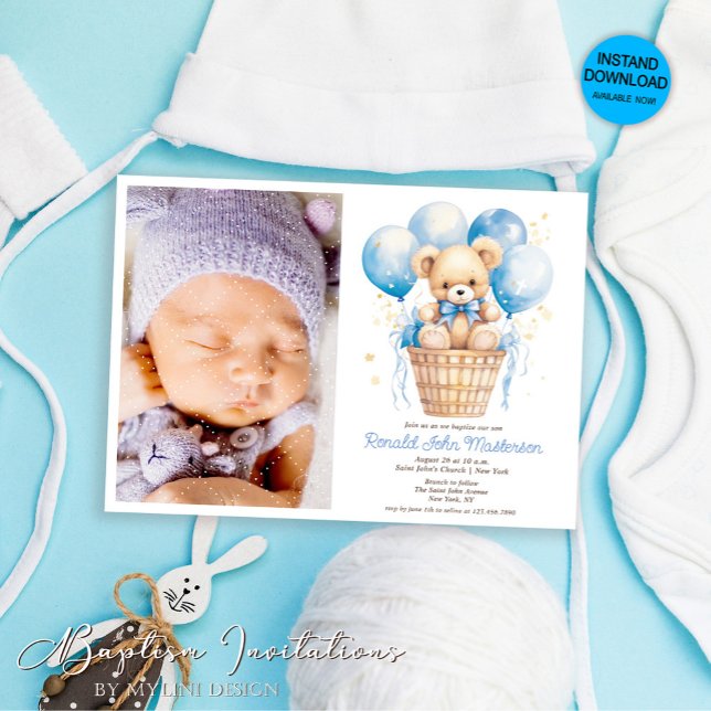  Watercolor Balloon, Teddy Bear, Photo Boy Baptism Invitation (Creator Uploaded)
