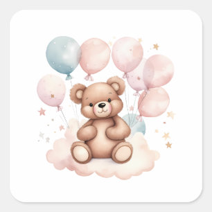 Watercolor Balloon Teddy Bear Square Sticker