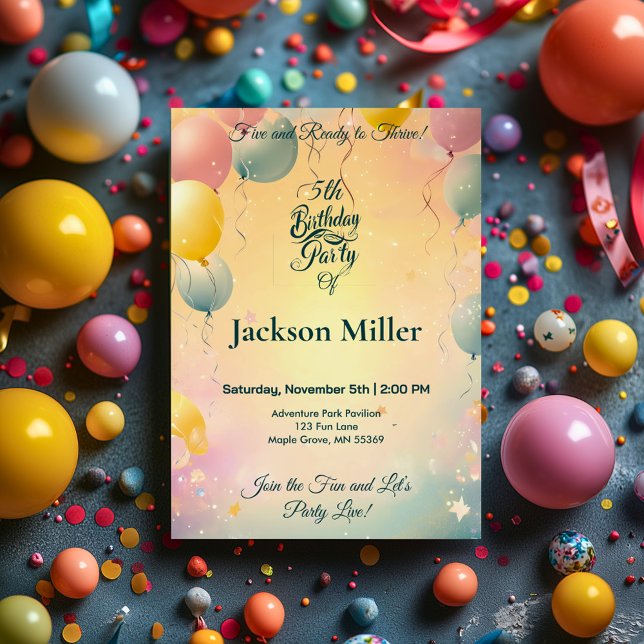 Watercolor Balloons 5th Birthday Party Invitation (Creator Uploaded)