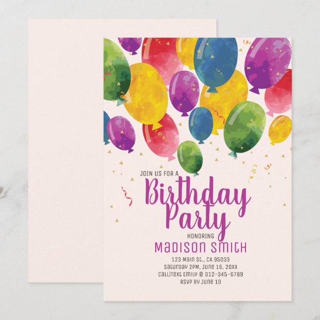 Watercolor Balloons Birthday Party Invitation (Front/Back)
