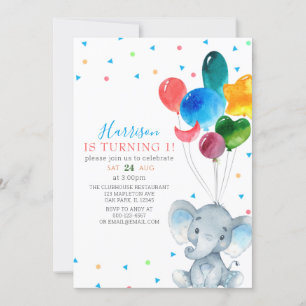 Watercolor Balloons Blue Elephant 1st Birthday Invitation