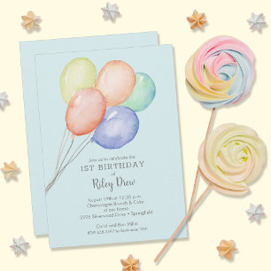 Watercolor Balloons Boy 1st Birthday Invitation