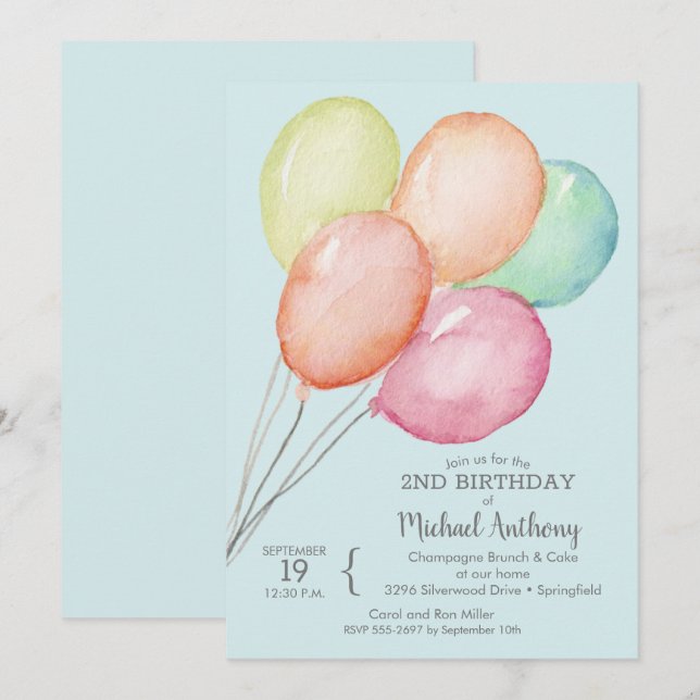 Watercolor Balloons Boy 2nd Birthday Invitation (Front/Back)