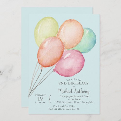 Watercolor Balloons Boy 2nd Birthday Invitation