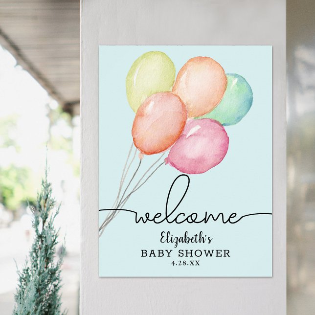 Watercolor Balloons Boy Baby Shower Welcome Poster (Watercolor balloons on blue boy baby shower welcome poster, PRINTED and/or INSTANT DOWNLOAD)