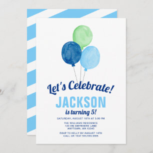 Watercolor Balloons Boy Birthday Invitations