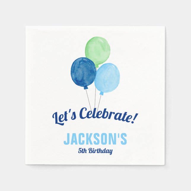 Watercolor Balloons Boy Birthday Napkins (Front)