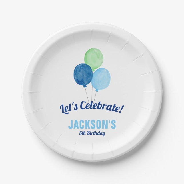 Watercolor Balloons Boy Birthday Paper Plates (Front)