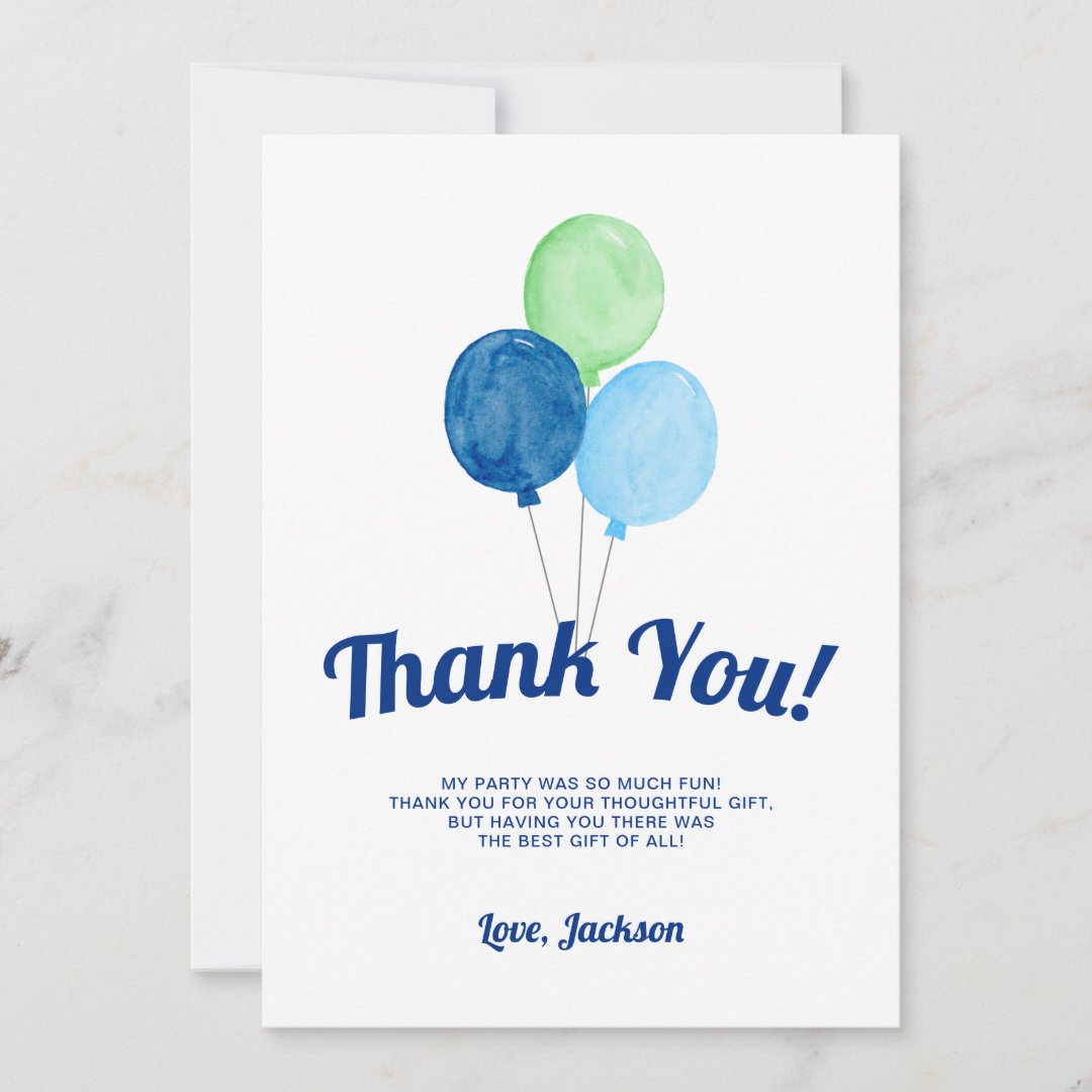 Watercolor Balloons Boy Birthday Thank You Card | Zazzle