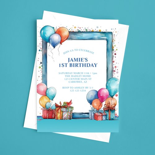 Watercolor Balloons Boys 1st Birthday Invitation