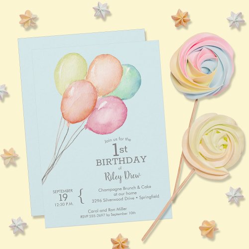 Watercolor Balloons Boys 1st Birthday Invitation