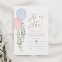 Watercolor Balloons Eucalyptus Gender Reveal Invitation