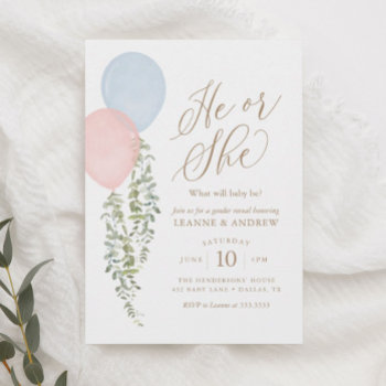 Watercolor Balloons Eucalyptus Gender Reveal Invitation by LittleFolkPrintables at Zazzle