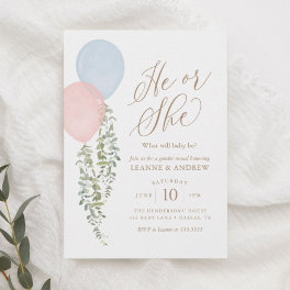 Watercolor Balloons Eucalyptus Gender Reveal Invitation