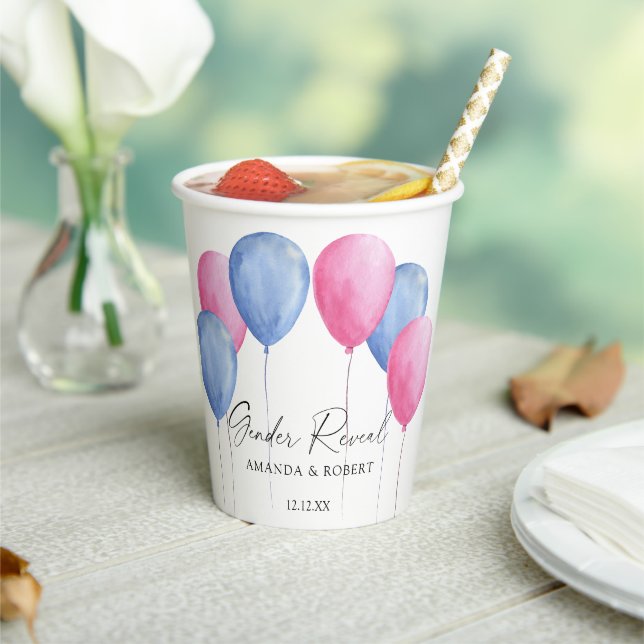 Watercolor Balloons Gender Reveal Paper Cups (Insitu)