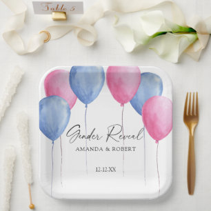 Watercolor Balloons Gender Reveal Paper Plates