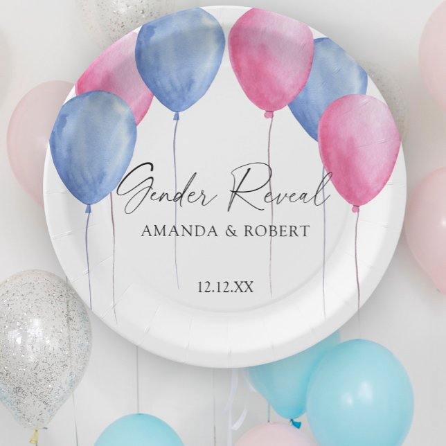 Watercolor Balloons Gender Reveal Paper Plates (Creator Uploaded)