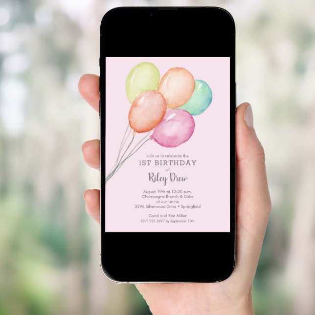 Watercolor Balloons Girl 1st Birthday Invitation (Front Digital)