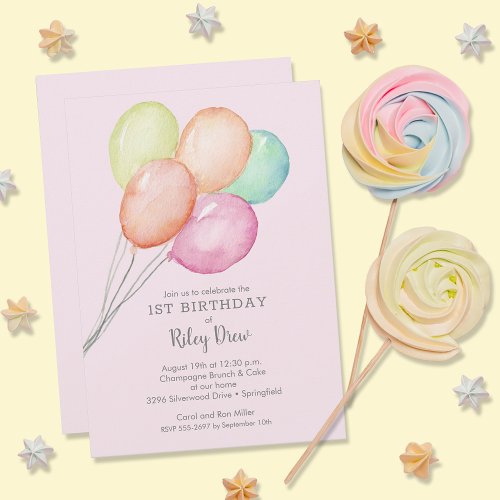 Watercolor Balloons Girl 1st Birthday Invitation