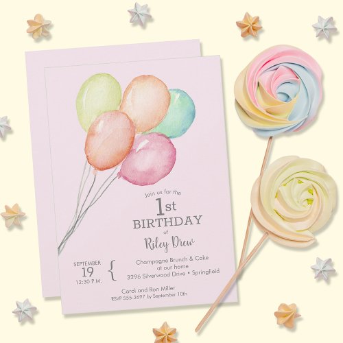 Watercolor Balloons Girls 1st Birthday Invitation