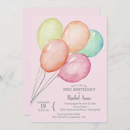 Watercolor Balloons Girls 2nd Birthday Invitation