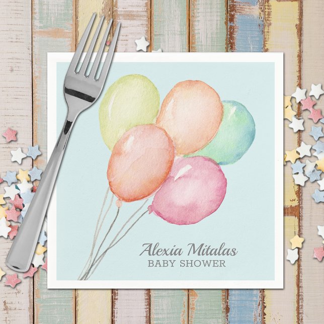 Watercolor Balloons on Blue Baby Shower Napkins (Watercolor Balloons Boy Baby Shower Blue Napkins)