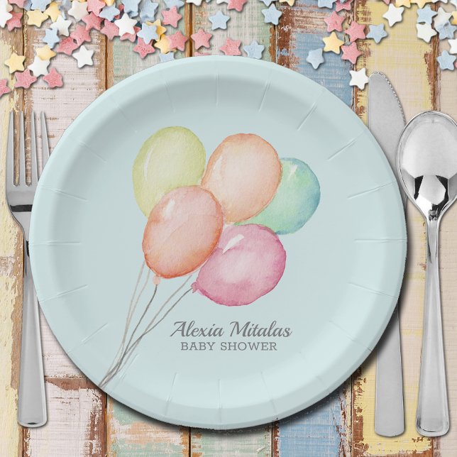 Watercolor Balloons on Blue Boy Baby Shower Paper Plates (Watercolor Balloons on Blue Boy Baby Shower  Paper Plates)