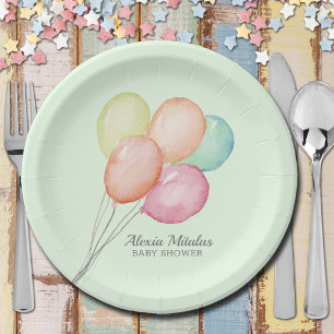 Watercolor Balloons on Green Baby Shower Paper Plates