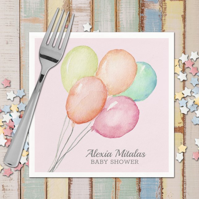 Watercolor Balloons on Pink Baby Shower Napkins (Watercolor Balloons Girl Baby Shower Pink Napkins)