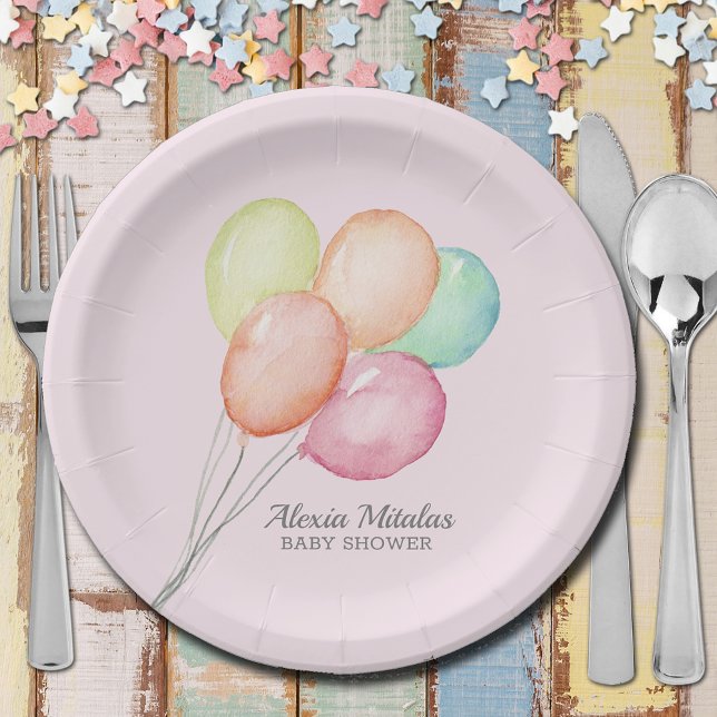 Watercolor Balloons on Pink Baby Shower Paper Plates (Watercolor Balloons on Pink Girl Unisex Baby Shower Paper Plates)