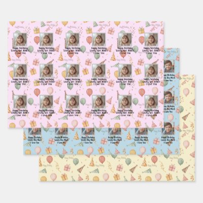 Watercolor Balloons &amp; Photo Custom Kids Birthday Wrapping Paper Sheets