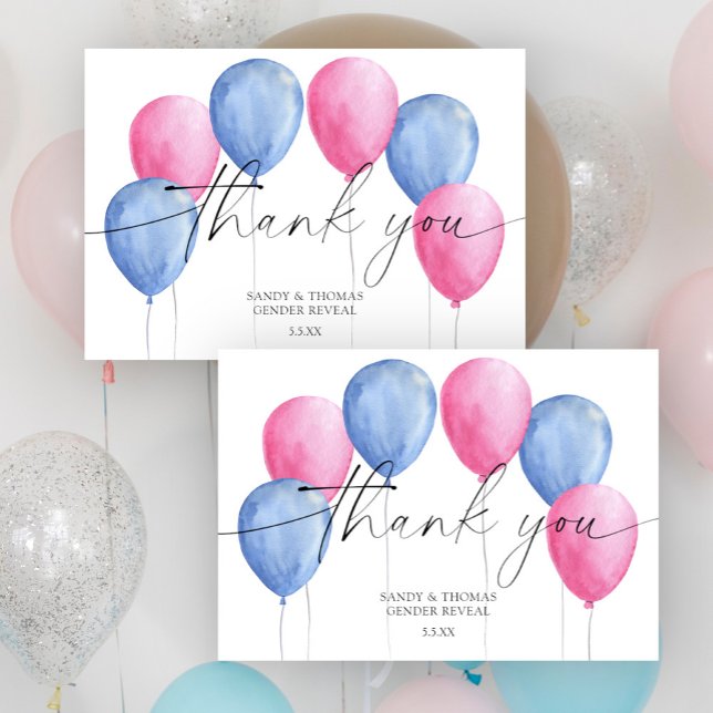 Watercolor Balloons Thank you gender reveal Card (Creator Uploaded)
