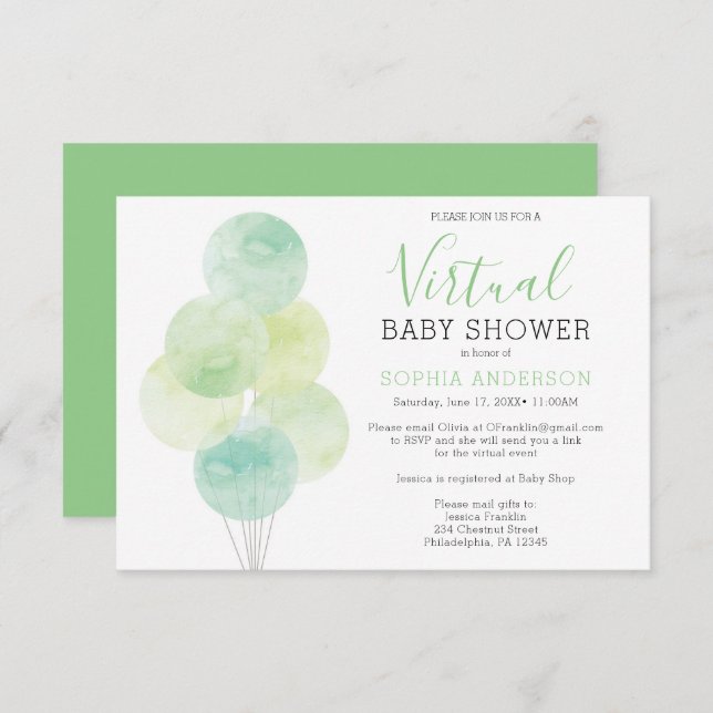 Watercolor Balloons Virtual Baby Shower Invitation (Front/Back)