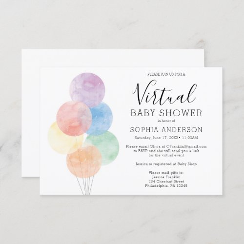 Watercolor Balloons Virtual Baby Shower Invitation