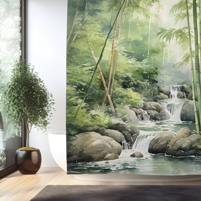 Watercolor Bamboo Forest Waterfall Shower Curtain (Creator Uploaded)