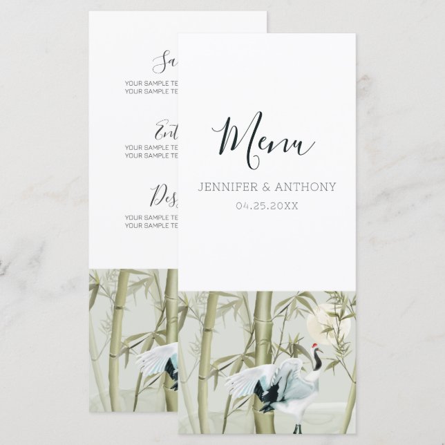 Watercolor Bamboo Japanese Crane  Menu (Front/Back)