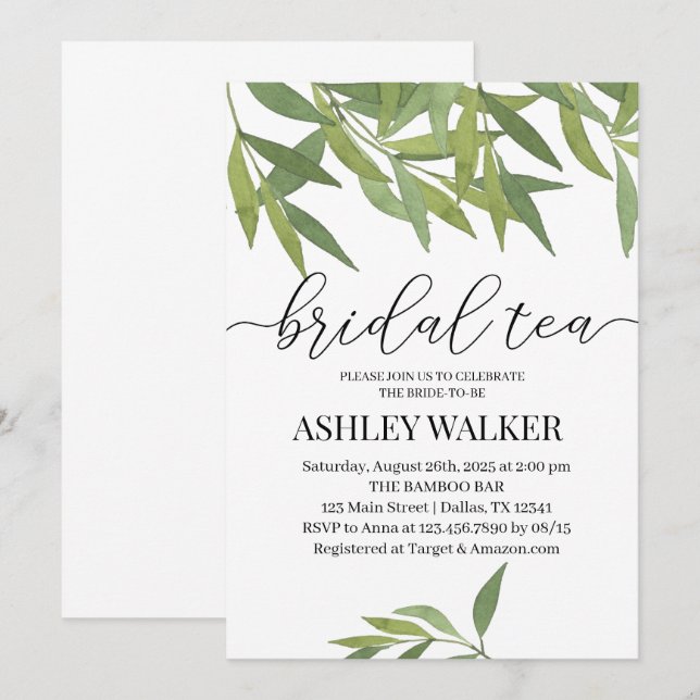 Watercolor Bamboo Leaves Bridal Shower Invitation (Front/Back)