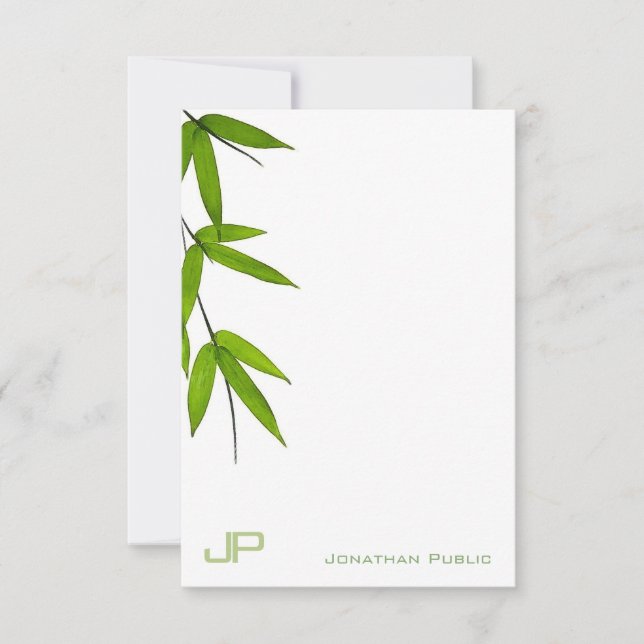 Watercolor Bamboo Leaves Modern Monogram Simple Note Card (Front)