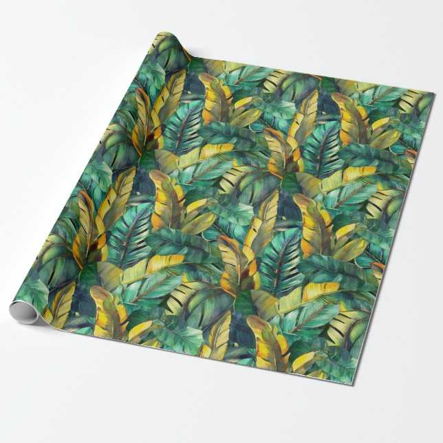 Watercolor Banana Leaves Wrapping Paper Roll (Unrolled)