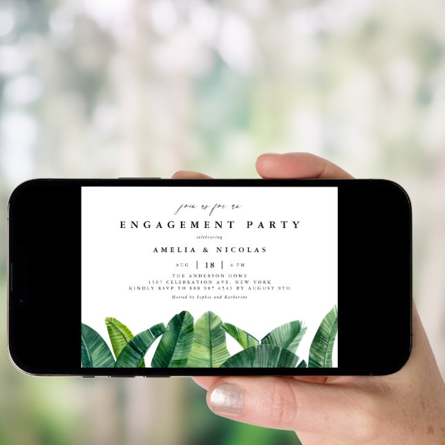 Watercolor Banana Palm Leaves Engagement Party Invitation (Front Digital)