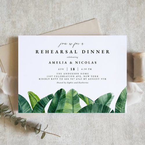 Watercolor Banana Palm Leaves Rehearsal Dinner Invitation